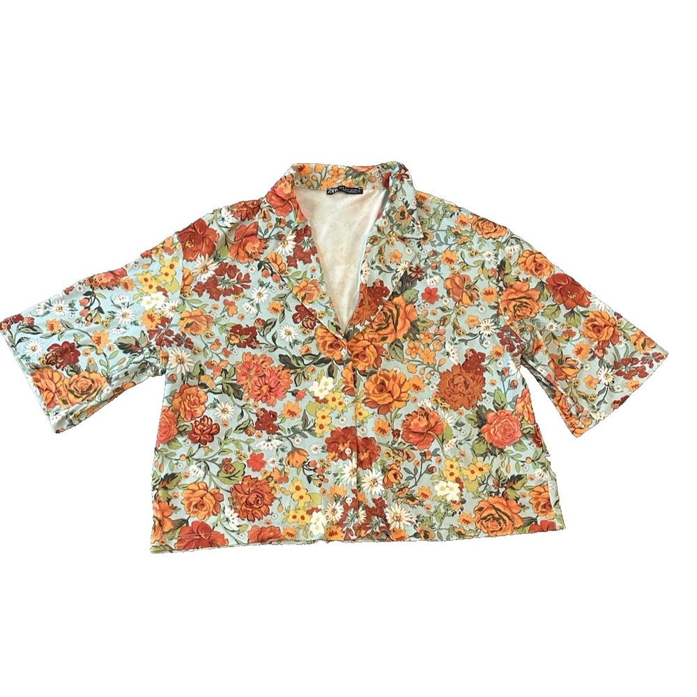 Zara Retro Floral Crop Top Blouse Womens S Camp Shirt 70s Vibe Botanical Preppy